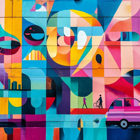 几何图案街头艺术人物车辆