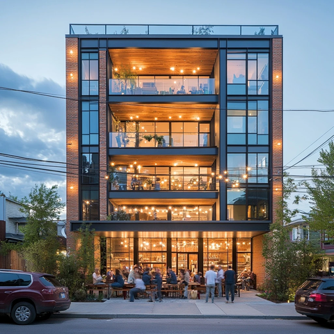 三层住宅砖钢外观黄昏街景