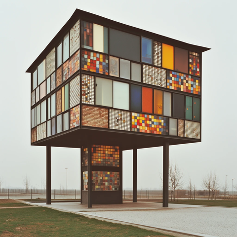 砖石建筑钢柱支撑多色窗户