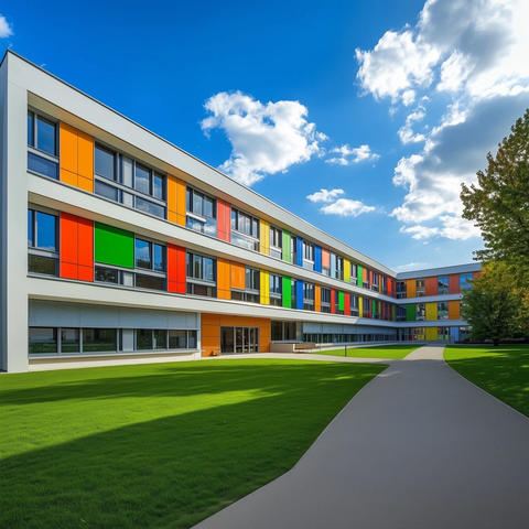 三层学校建筑彩色窗户