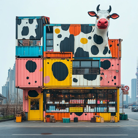 彩色集装箱牛奶店与奶瓶雕塑
