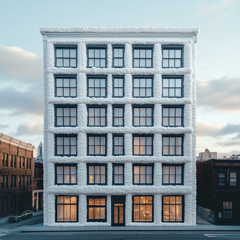 白色绒毛建筑八层楼八扇窗