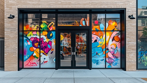 现代玻璃门与街头艺术墙面
