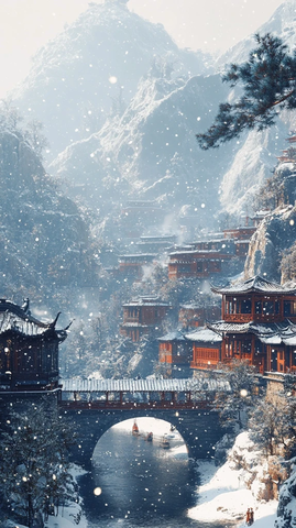 雪覆山间古建筑