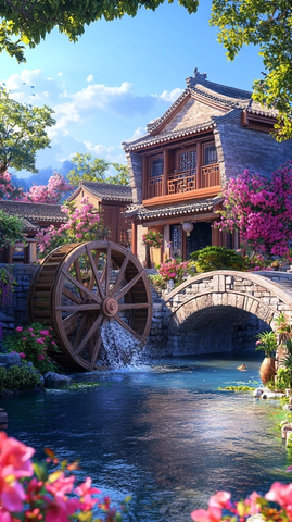 春花簇拥的古宅水车