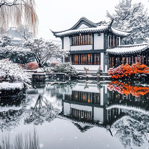 雪落园林的静谧之美