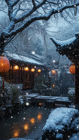 雪夜灯笼暖古庭