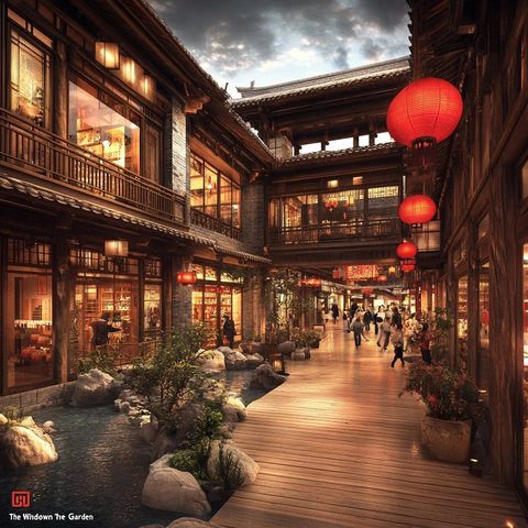 古色古香中式建筑商业街人来人往的景象