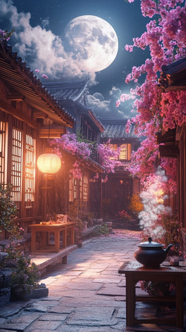 古巷夜景月高悬灯笼茶香氛围浓