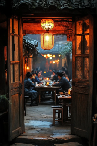 古旧小店内人们围坐聚餐的温馨画面