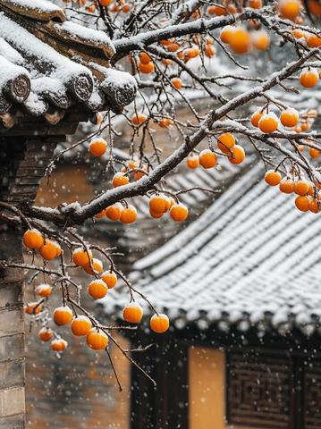雪中古建筑旁挂满柿子的树枝