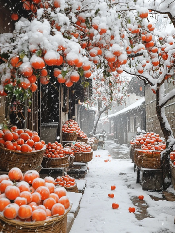 雪中堆满柿子的小巷