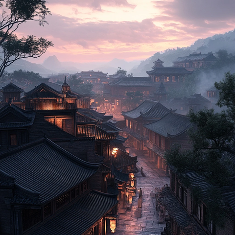 古色古香的中式小镇夜景俯瞰图