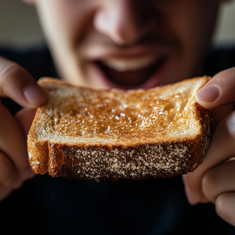 人咬厚片吐司特写