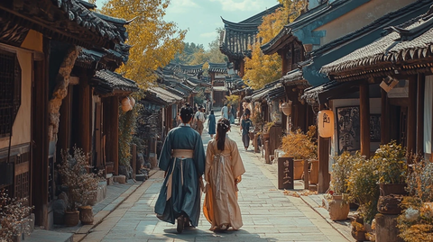 古装男女漫步古色古香的传统建筑街道