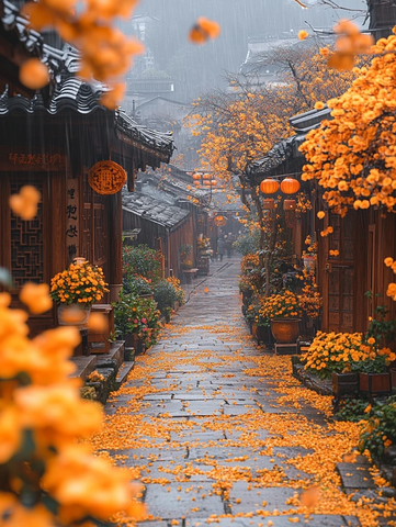 古巷中落满黄叶灯笼高挂尽显古朴氛围