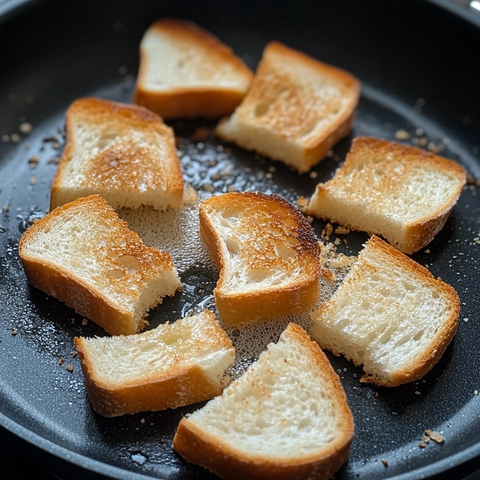煎锅上的烤面包片