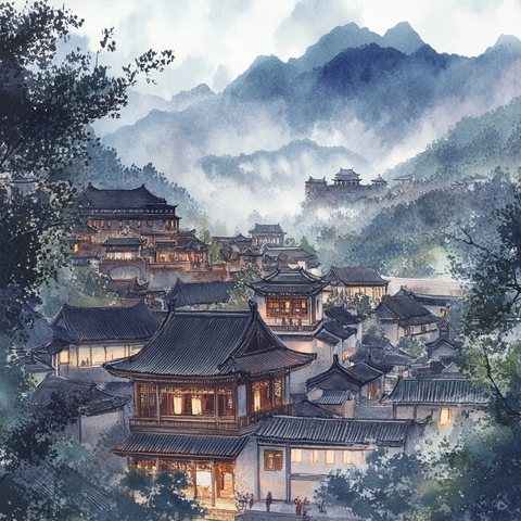 山间古村落全景图