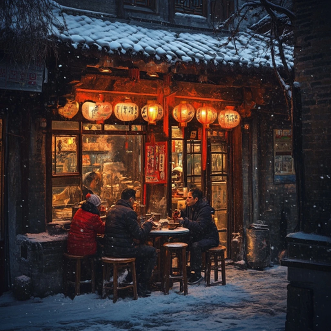 雪中小店内几人围坐一起用餐