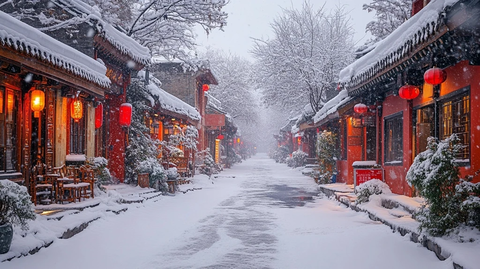 雪后红灯高挂的古街
