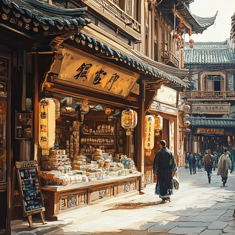 古街传统店铺外行走的行人