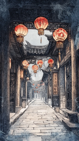 古巷灯笼高挂尽显传统中式建筑韵味