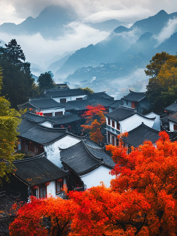 山间古村落的秋景俯瞰