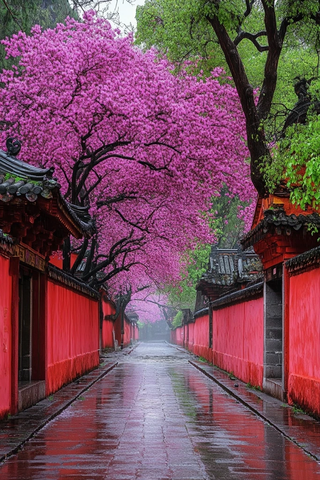 古巷红墙间的粉花盛开景象