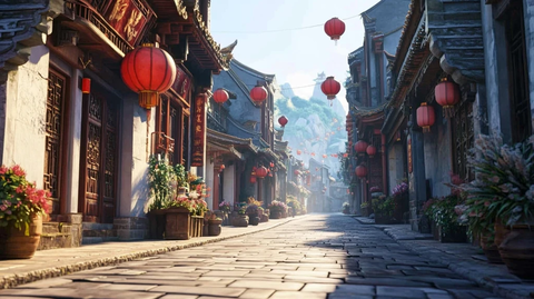 古色古香的中式传统建筑街道全景