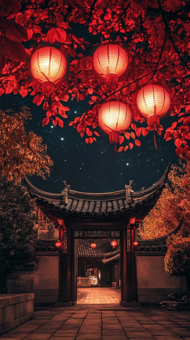 古建筑门前夜景挂满红灯笼