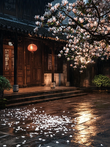 古宅前玉兰花开落英满地意境十足