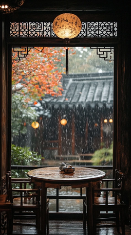 中式室内透过窗看雨中庭院的景象