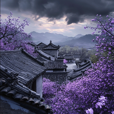 古建筑村落与紫花相映的美丽景致