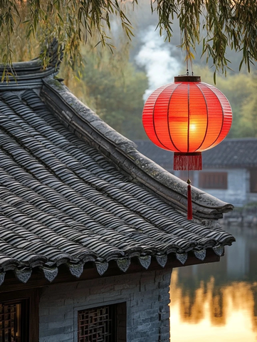 古建筑屋顶挂红灯笼的景象