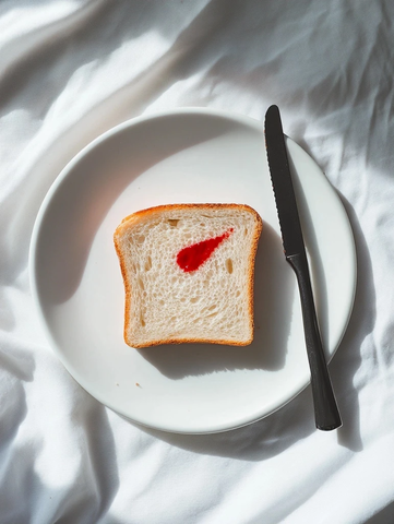 红唇印白面包刀叉静物