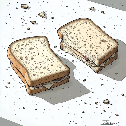 白地板上的三明治碎屑