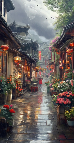古街小巷雨中景灯笼鲜花相映成趣