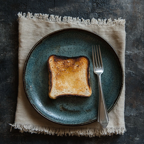 蓝盘上的烧焦吐司与钢叉