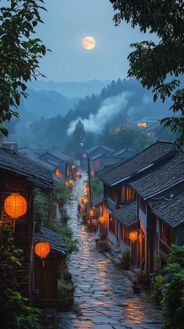 古村月夜石板路红灯笼的静谧之景
