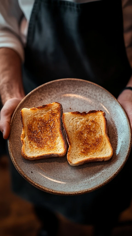 服务员端上金黄脆边吐司