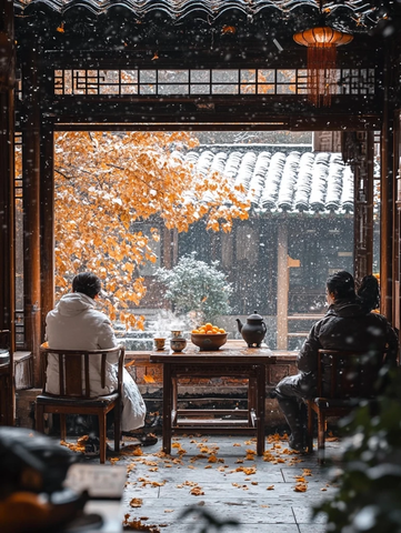 雪中庭院两人对坐赏景品茶