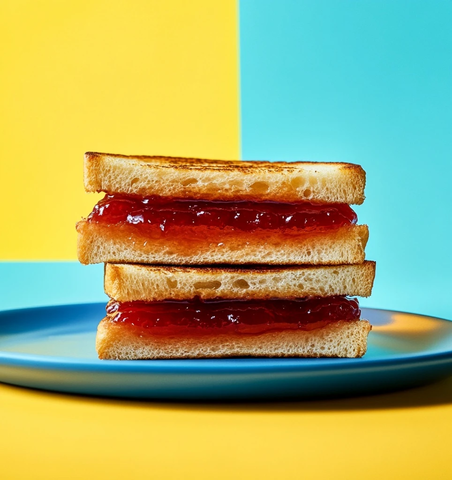 烤面包片配果酱叠放蓝色盘中