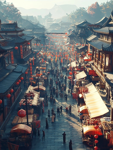 古色古香中式街道热闹市井景象