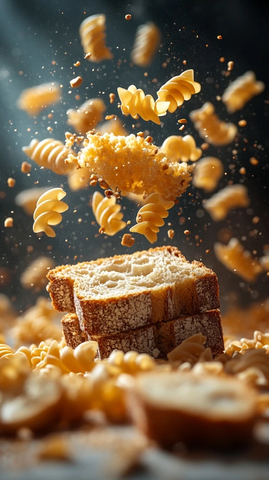 空中漂浮的面条与面包片