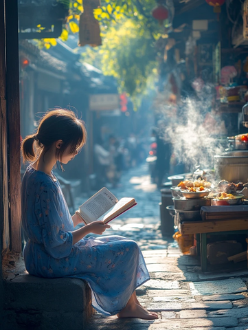 古街小巷中女子坐着安静看书的场景