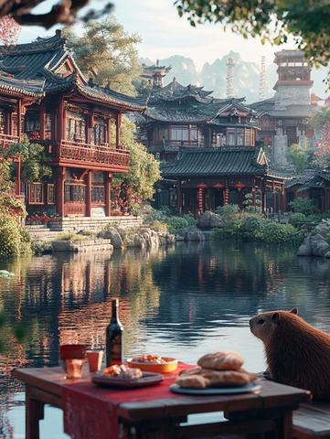 水边古建筑旁的美食与动物