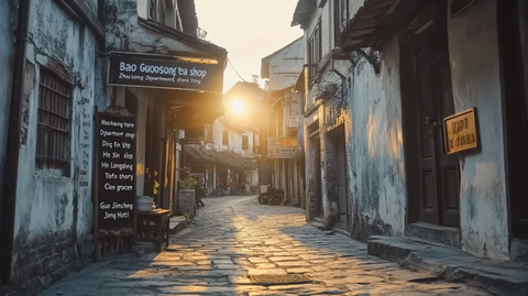 古旧小巷中阳光洒下的静谧街景