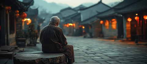 老人独坐古街石凳上的寂寥背影