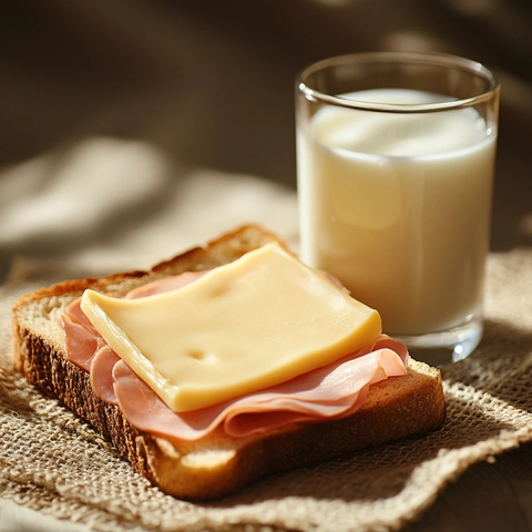 烤面包片配火腿芝士和牛奶