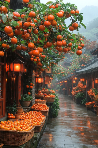 挂满柿子的古街雨景